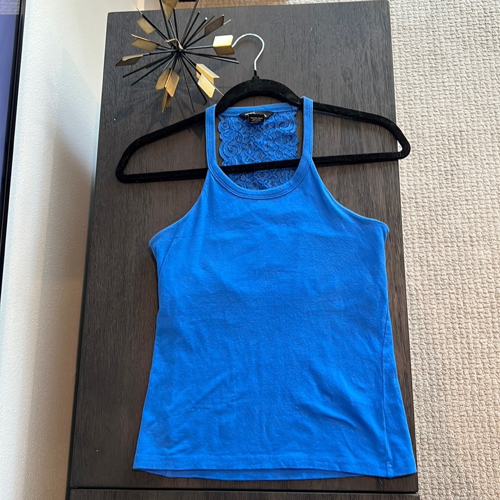Royal blue Moda International tank with lace back and built in cami at top.